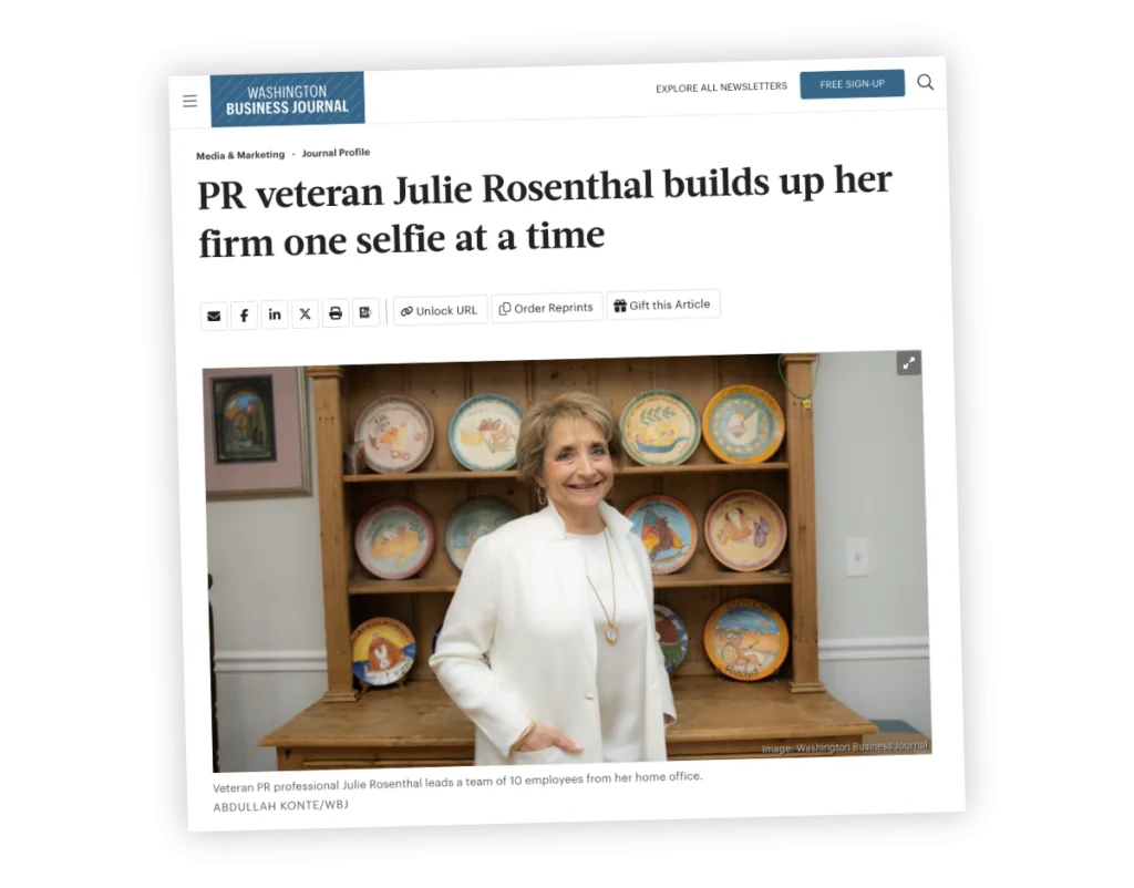 Screenshot of Julie Rosenthal's profile piece in the Washington Business Journal, with a photo of her in front of displayed plates at her home and the subject 